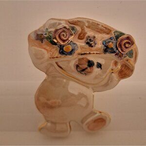 Vintage Ceramic Bear Brooch Pin Costume Jewelry White Pink Floral
